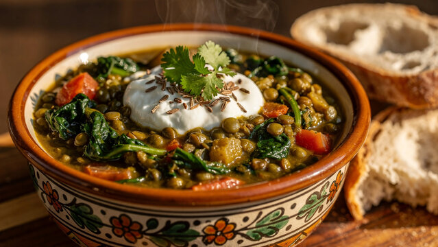 Warm comforting lentil soup with spinach topped with yogurt cream, cumin seeds, and cilantro herbs in a decorative ceramic bowl.
