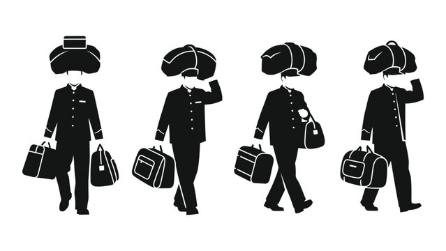 Silhouettes Of Bellhops Carrying Luggage Black And White Illustration bellhop porter hotel