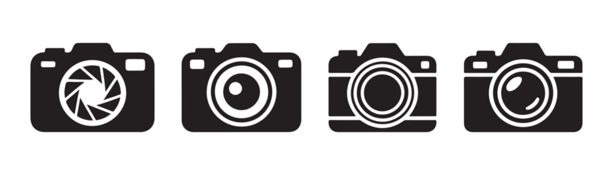 Modern digital camera icons with varied lens styles including aperture blades and glass elements collection.