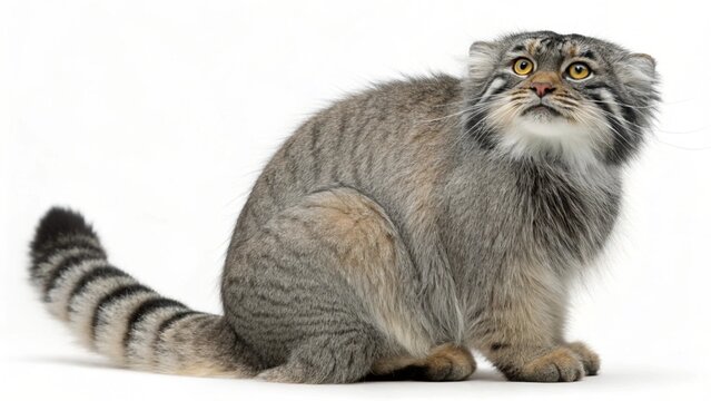 Isolated Pallas' cat manul on a solid white studio background