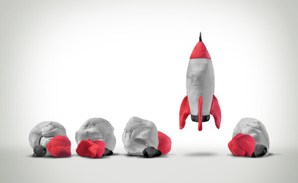 A symbolic scene of a rocket formed from rough clay with one fully shaped and launching while others remain undeveloped as clever metaphor of competition selection and the journey from raw ideas to su