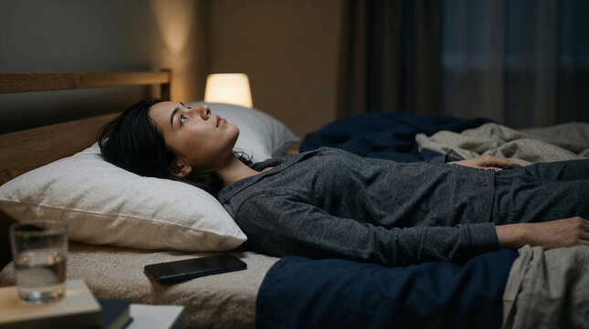 Woman lying awake in bed at night staring at the ceiling unable to fall asleep