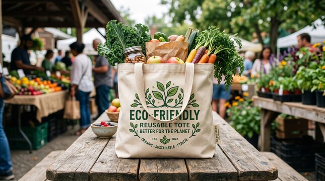 Fresh eco-friendly produce in reusable tote bag at outdoor farmers market with greenery