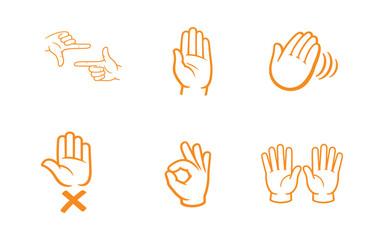 Fototapeta premium Collection of six orange hand gesture vector icons showing framing open palm waving stop okay symbol and prayer isolated on white background