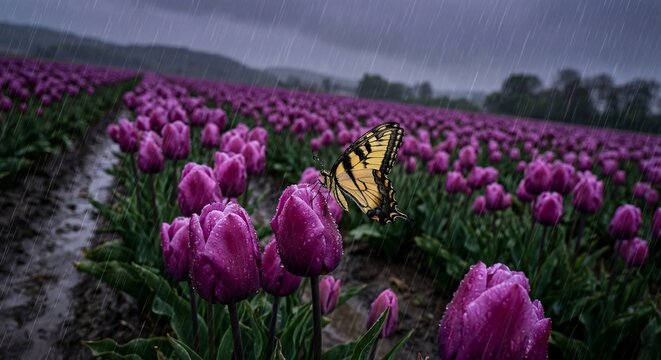 A beautiful yellow butterfly rests on a purple tulip in a field during a gentle rain shower, showcasing nature's delicate beauty