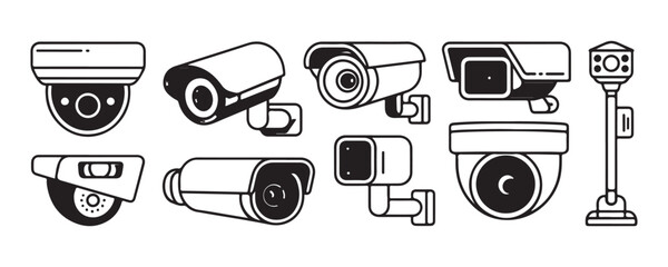 Diverse security camera icons and surveillance equipment set, representing monitoring and safety technology. © MSTGIRATUN