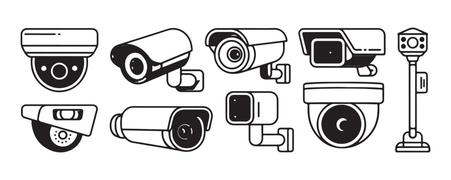 Diverse security camera icons and surveillance equipment set, representing monitoring and safety technology.