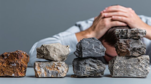 A man hides his face in hands behind stacks of rocks on a table. Concept of insurmountable obstacles, heavy workload, financial debt, and professional burnout.
