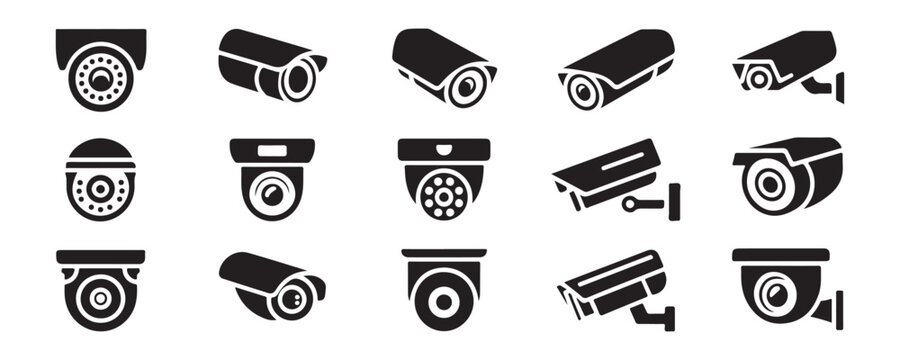 Solid black surveillance camera icon pack for security and monitoring systems on transparent background.