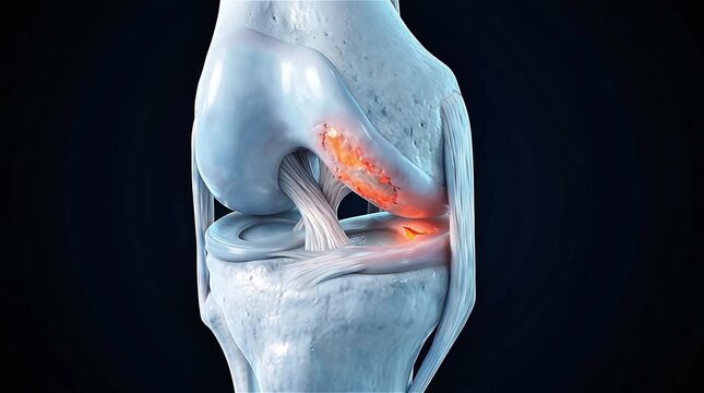 3D Medical Animation of Human Knee Joint Cross Section Showing Cartilage Damage and Glowing Red Orange Inflammation on Femur with Cruciate Ligaments Meniscus and Tibia on Dark Blue Background