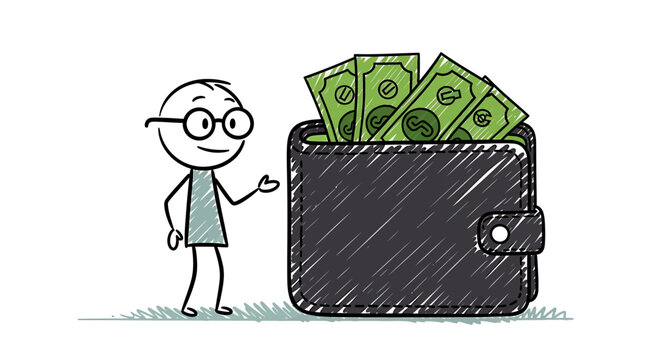 Stick figure man with glasses next to a wallet full of money.