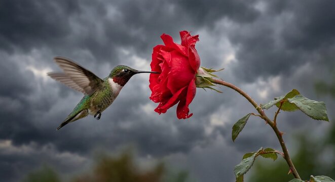A Ruby-throated hummingbird feeding on a vibrant red rose against a dramatic, stormy sky