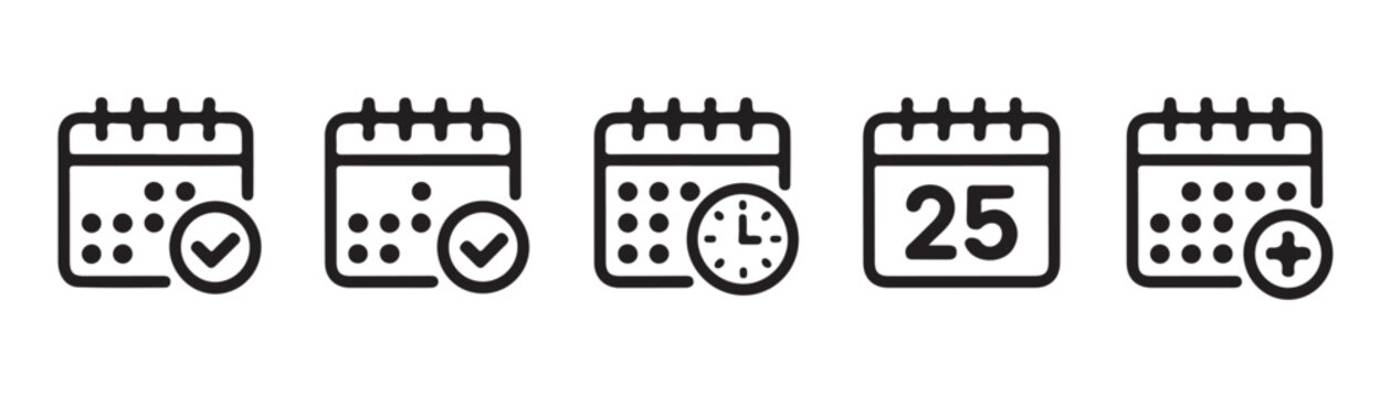 Calendar icons set representing planning scheduling events and time management with various symbols.