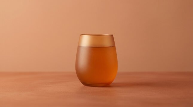 Terracotta kombucha in frosted amber glass with minimalist negative space
