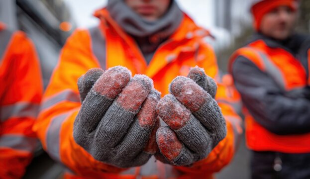 Worker in bright orange safety jacket and gray winter gloves holding ice-covered object in cold outdoor environment
