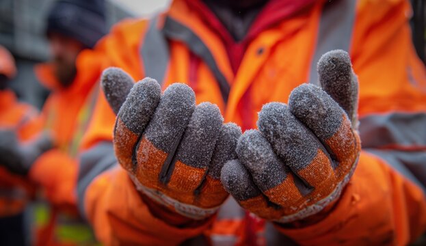 Worker in orange safety jacket wearing gray winter gloves, holding or adjusting them with hands covered in textured fabric, outdoor setting with blurred background
