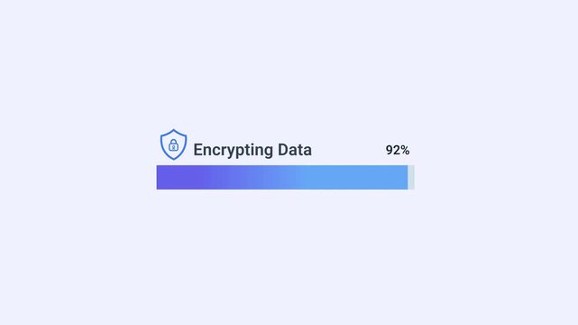 Minimal data encryption animation with shield icon and loading progress bar, showing secure data protection process in a clean digital interface.
