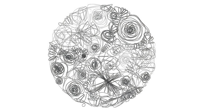 A circular cluster of overlapping grey scribbles and tangled wire lines forming a dense, chaotic sphere isolated on a solid black background