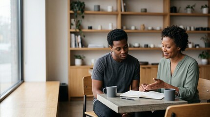 Fototapeta premium African American woman mentoring young man with notebook in a modern cafe.