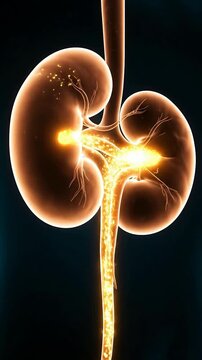 Detailed Illuminated Kidney Anatomy Illustration Highlighting Renal Arteries and Veins Against Dark Background for Medical and Health Applications