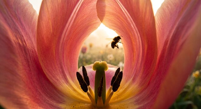 A tiny bee in flight, bathed in golden light, approaches the vibrant heart of a pink tulip, capturing the essence of spring's delicate pollination dance