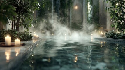 Naklejka premium A serene swimming pool with rising steam and glowing candles in a dark, botanical interior. Concept of evening relaxation, night spa luxury, and peaceful solitude.
