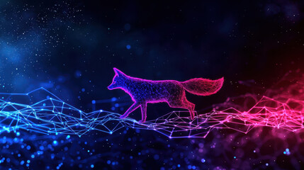 Naklejka premium Digital illustration of fox walking on vibrant, abstract background with blue and pink hues, showcasing futuristic design