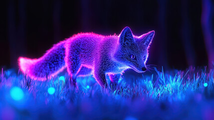 Naklejka premium Glowing fox with body made of neon mist walks through vibrant landscape, creating magical atmosphere