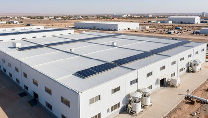 Fototapeta premium Aerial view of large industrial warehouses with extensive solar panel installations on rooftops
