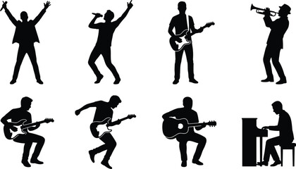 Musician silhouette collection with singers guitarists pianist and trumpet player performance poses isolated on white background © MDRAKIB