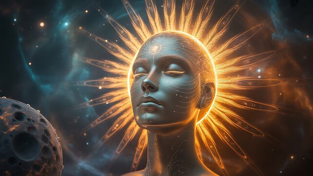 Futuristic Artificial Intelligence Female Robot with Cosmic Energy Halo and Space Background