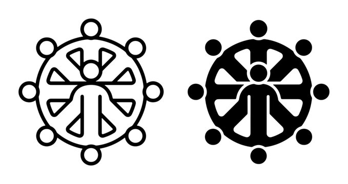 Dharmachakra Symbol, Buddhist Wheel of Dharma, Eight Spokes, Human Figure Icon, Spiritual Concept Vector Art