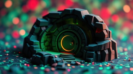 Obraz premium Stylized polygonal cave entrance glows. Vibrant colors, dark background, digital art. Mysterious portal beckons exploration.