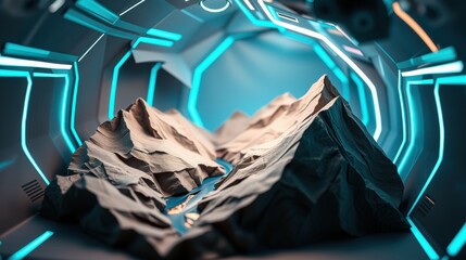 Obraz premium Futuristic tunnel surrounds mountainous terrain. Dramatic lighting creates striking contrast, emphasizing geometric shapes. Minimalist aesthetic.