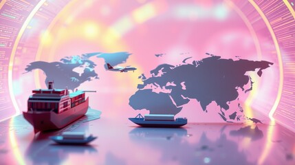 Obraz premium Global transport concept. Ships, plane travel world map. Futuristic tunnel design, pink hues dominate scene. Logistics network illustrated.