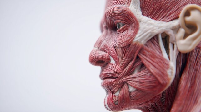Anatomical model showing detailed muscles of the human face and head in profile view. Concept of medical education, facial anatomy study, and plastic surgery.