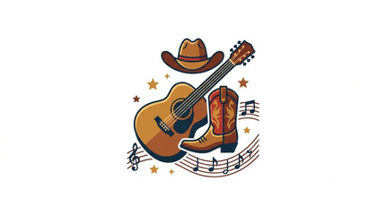 Acoustic Guitar Cowboy Hat and Boot with Musical Notes. © Brodin