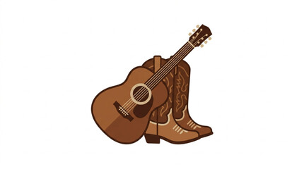 Acoustic guitar leaning on cowboy boots country music theme. © Brodin