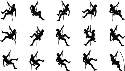 Rope access climber silhouette collection with rappelling rescue and industrial climbing action poses isolated on white background © MDRAKIB