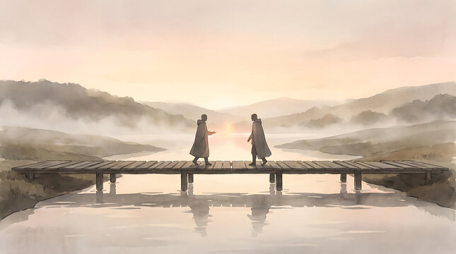 Two anonymous figures walking toward each other on a wooden bridge over calm water in a symbolic scene of reconciliation trust and emotional repair