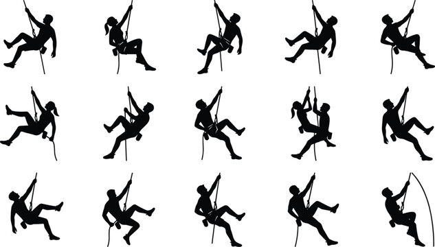 Rope access climber silhouette collection with rappelling rescue and industrial climbing action poses isolated on white background