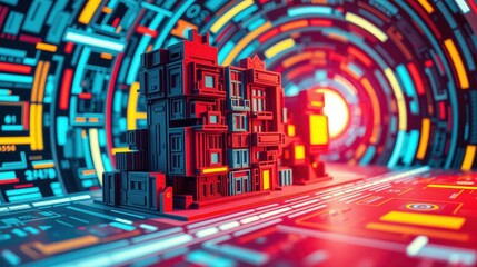 Obraz premium Blocky buildings stand within vibrant tunnel. Neon lights create futuristic city scene. Intense colors dominate composition.