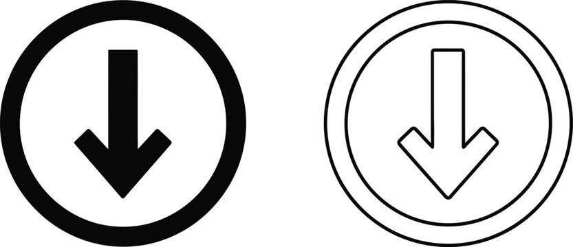 Black and white arrow icons pointing down in a circular frame for web and mobile interface design Vector