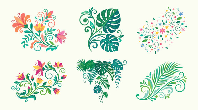 Floral ornament set with tropical leaves and colorful flowers for decorative design