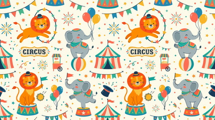 Cute circus seamless pattern, lions, elephants and carnival decorations, colorful playful flat vector illustration © Maftuh