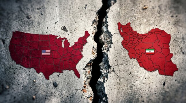 United States and Iran map outlines cracked concrete wall symbolizing conflict.