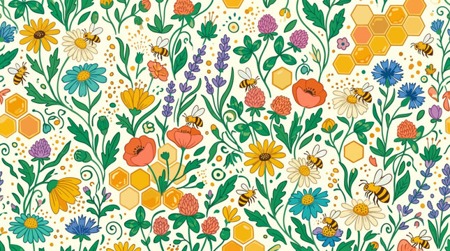 Flat vector nature seamless pattern, bees pollinating flowers with honeycomb accents, colorful eco illustration