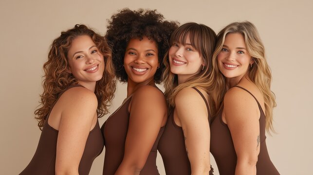 Four women of various racial backgrounds standing close and smiling at the camera. Concept of self-love, body positivity, and breaking beauty stereotypes.