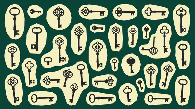 Vintage key shape collection dark emerald green background light yellow paper cut sticker individual solid black skeleton silhouette vector illustration