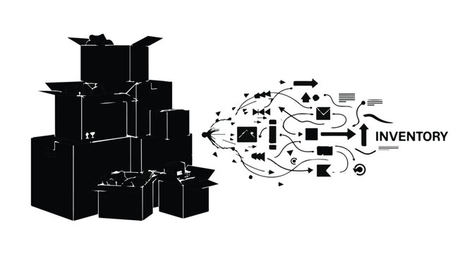 Inventory management and logistics concept with boxes and workflow diagram